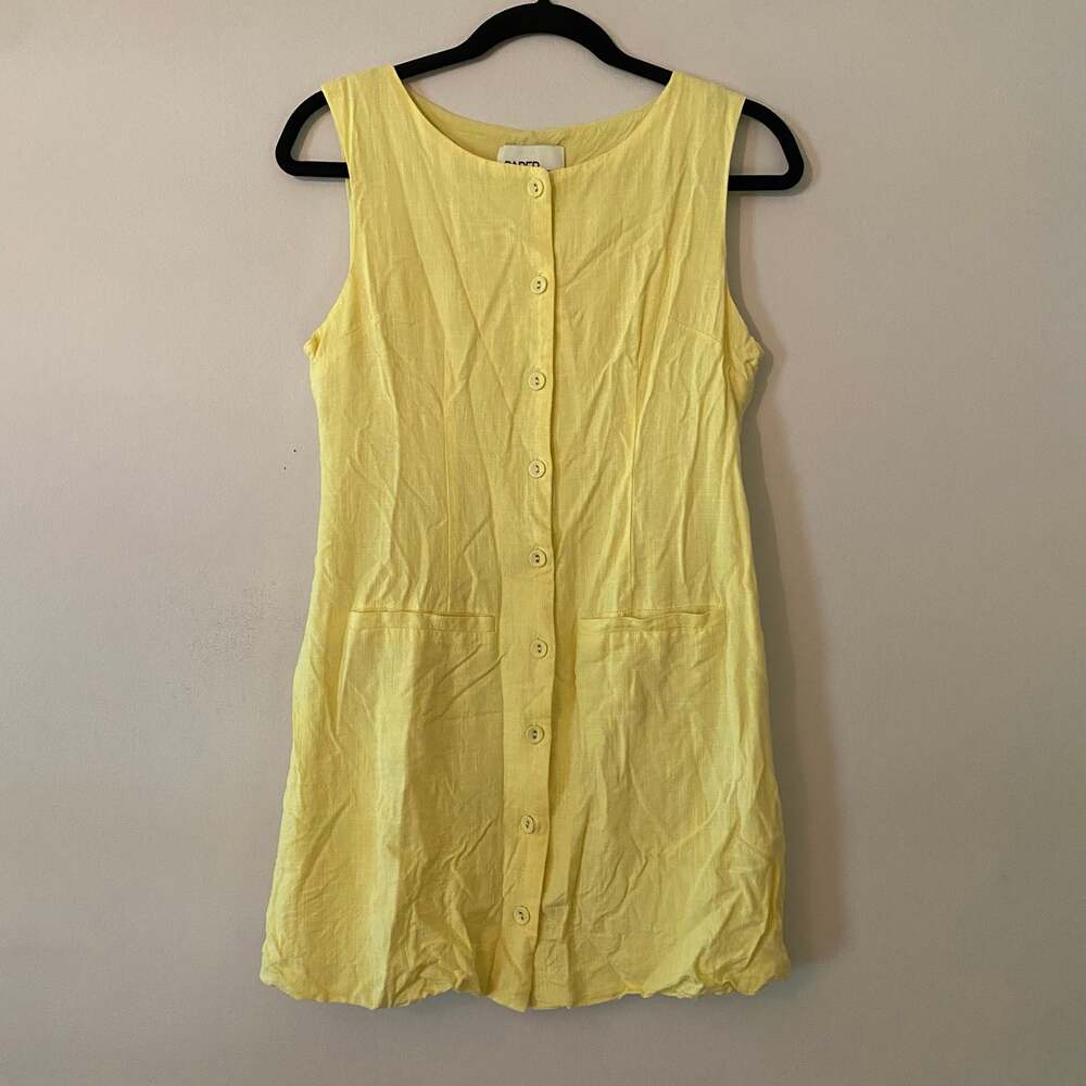 Anthropologie Butter Yellow Button Down Mini Dress Preppy Linen Women's Medium